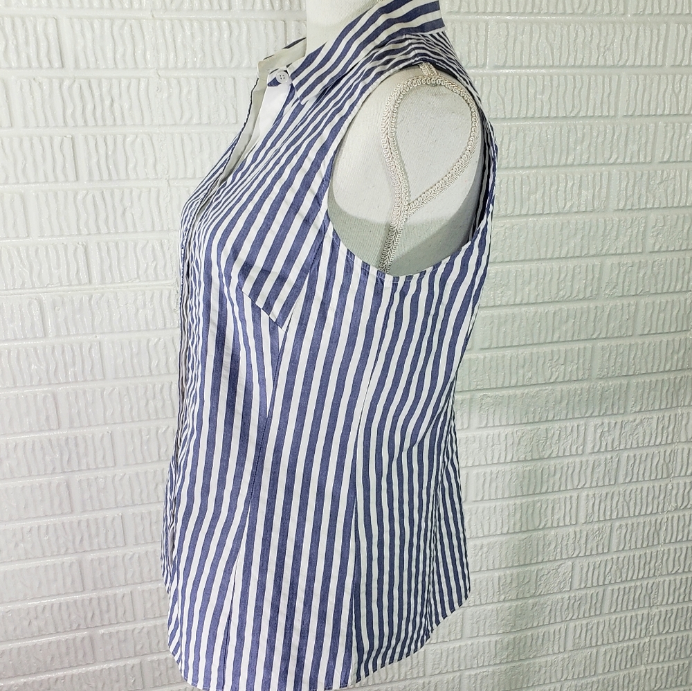 Lafayette 148 New York Blouse  Sleeveless Button Front Blue White Stripe - Picture 6 of 13